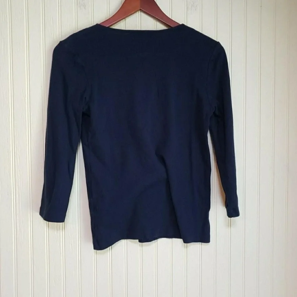 Jones New York Shirt Womens Small Blue V Neck 3/4 Sleeve Crochet Trim Jersey Top - Picture 3 of 7